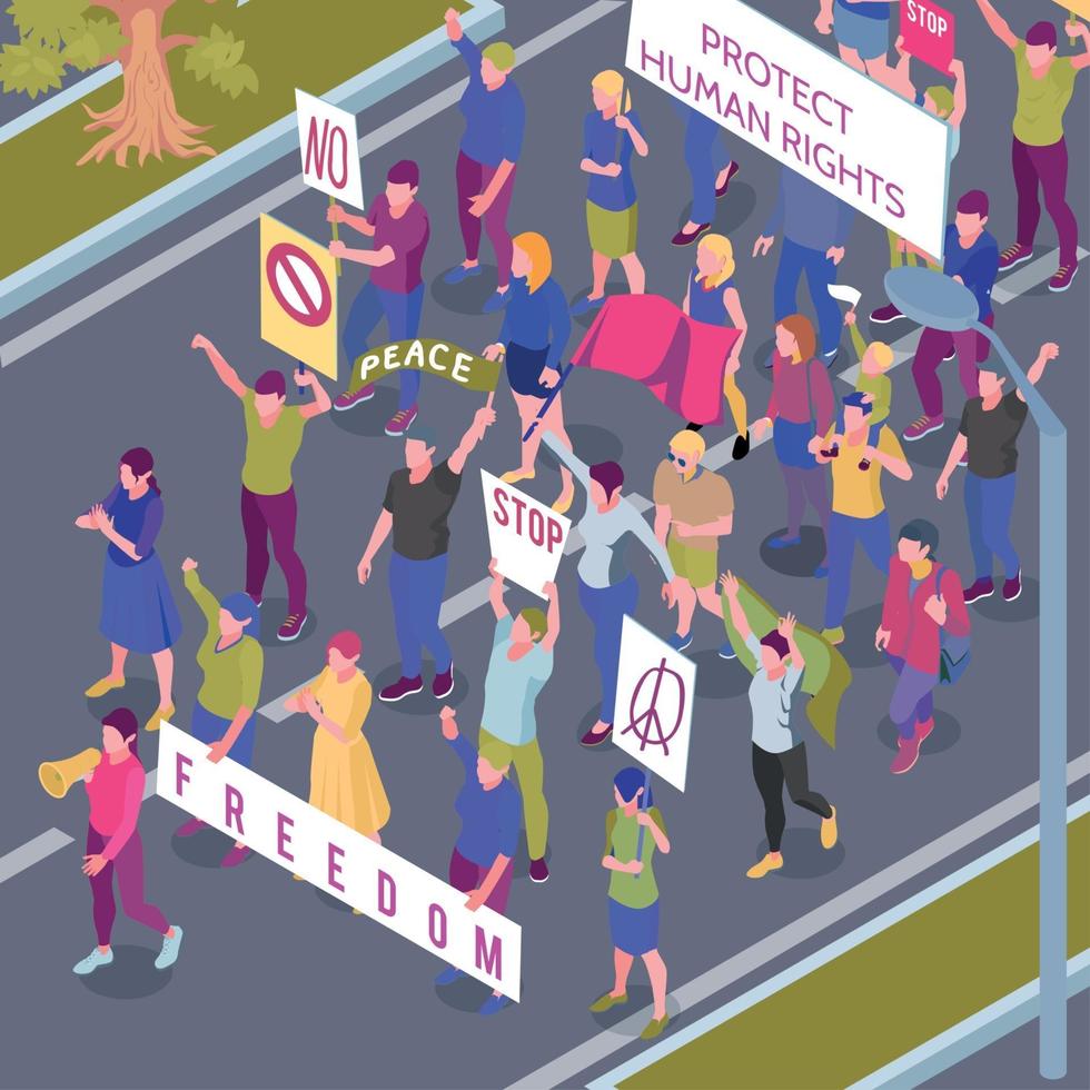 Protesting People Procession Isometric Illustration Vector Illustration