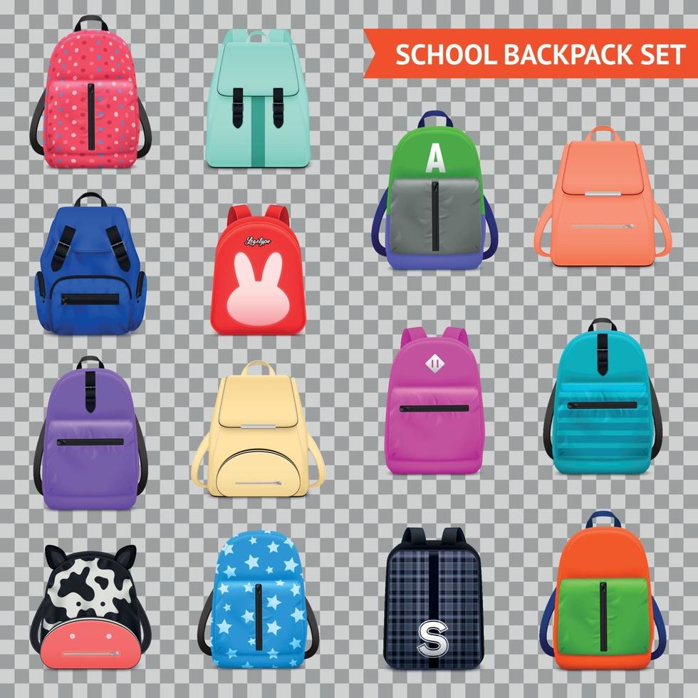 School Backpacks Transparent Collection Vector Illustration