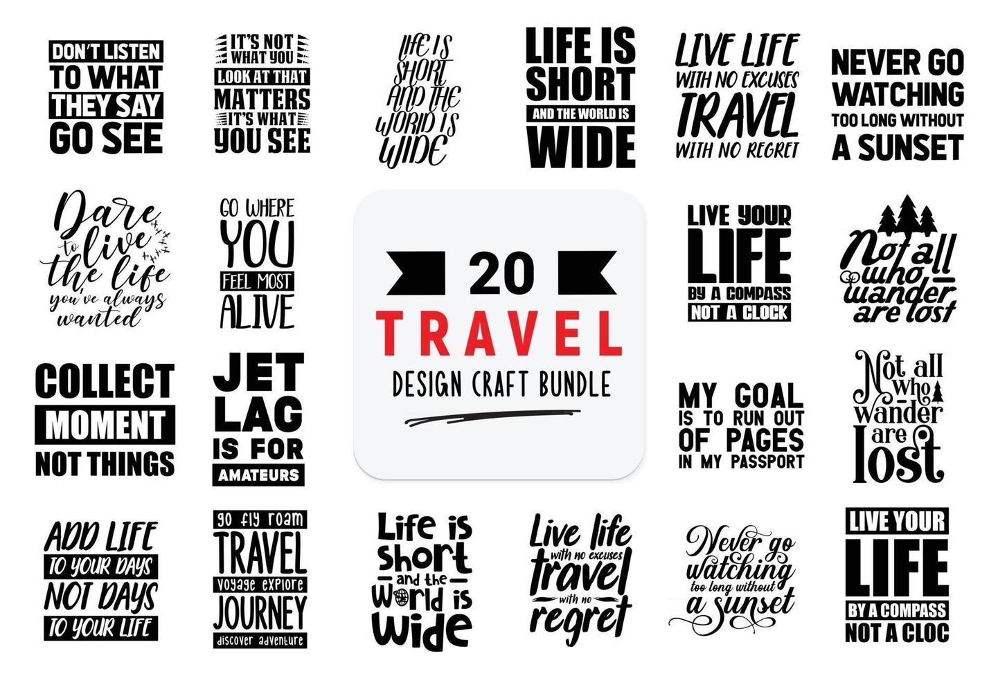 paquete de diseño artesanal con citas de letras de viaje. vector