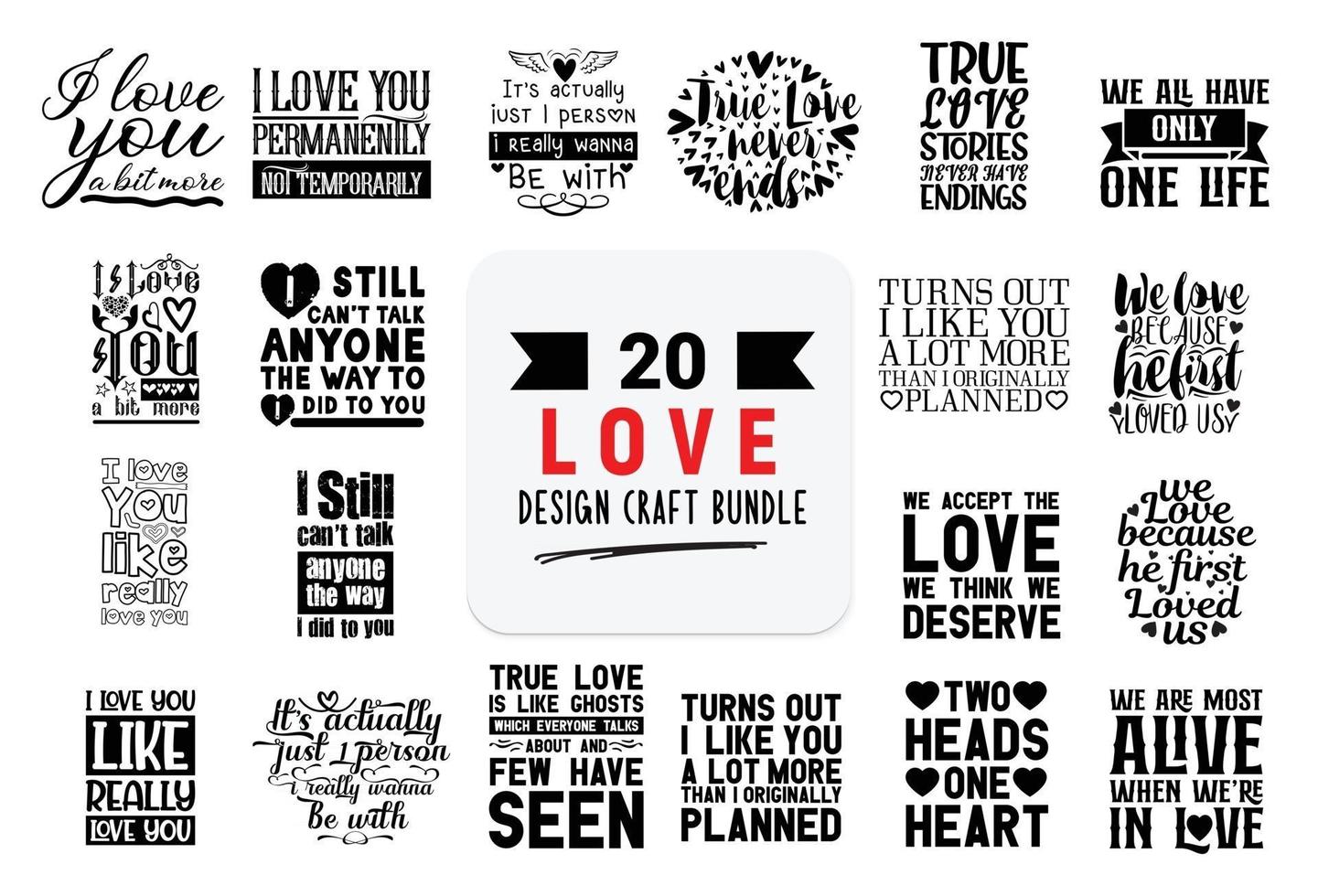 paquete de diseño artesanal con citas de letras de amor. vector