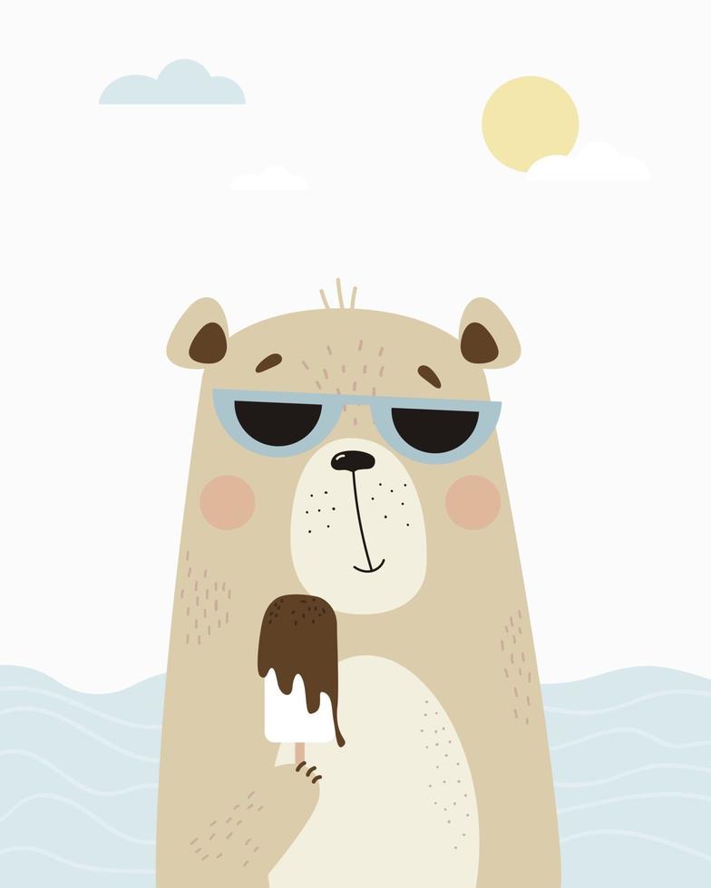 Cute bear in sunglasses eating ice cream on the sea. Vector illustration. Childrens poster with cute animals for decor