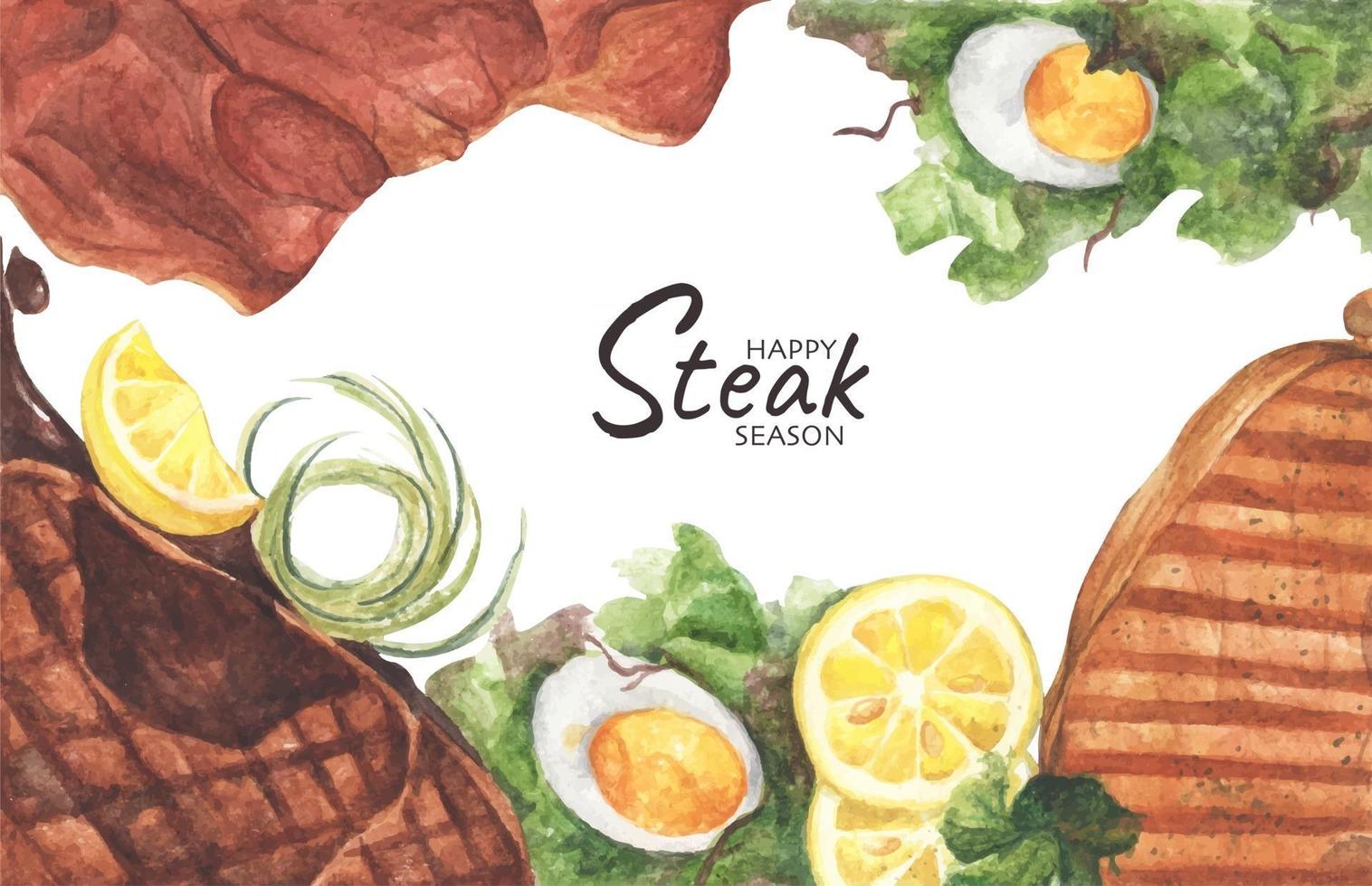 Grilled beef steaks and salad with boiled eggs, Top view with copy space for your text. Flat lay. Watercolor illustration. vector