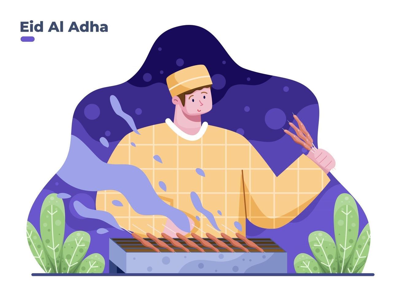 gente cocinando comida tradicional indonesia sate mientras eid al adha vector ilustración plana. comida tradicional eid al adha. se puede utilizar para tarjetas de felicitación, pancartas, carteles, web, invitaciones, postales, etc.