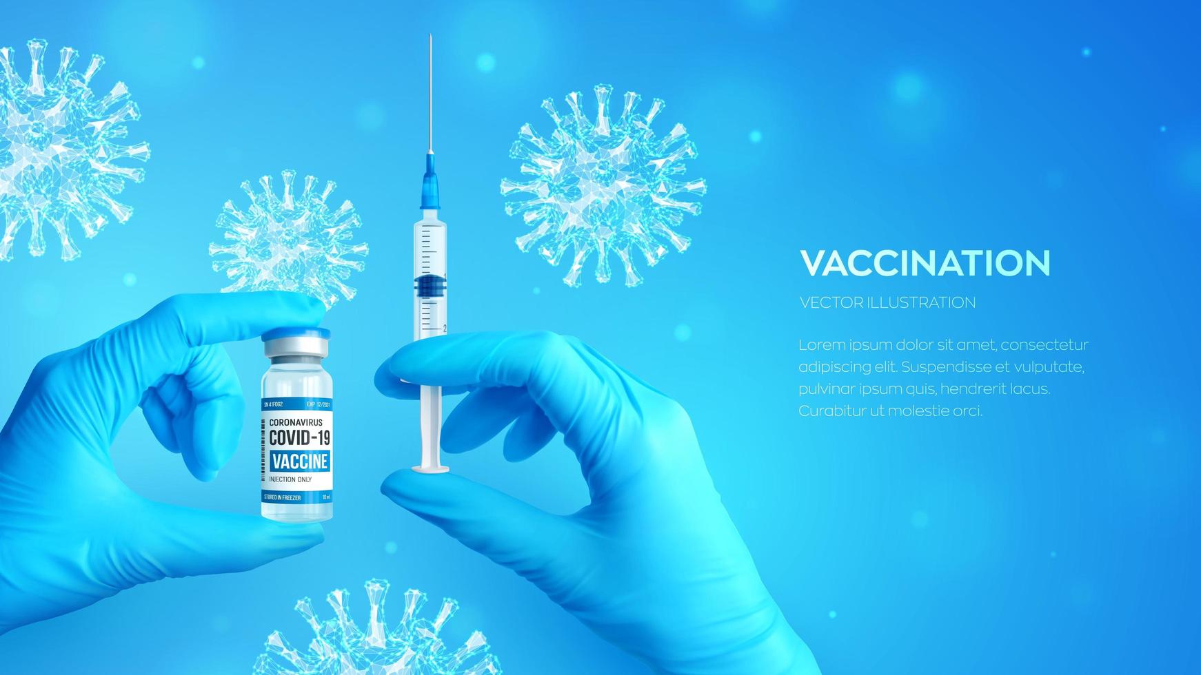 Hands in medical blue gloves holding the medical glass vial for injection and syringe with vaccine. Microscopic view of virus cells. Vaccination concept. COVID-19 coronavirus vaccine. vector