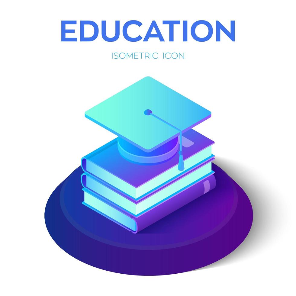 Graduation cap and books. 3D isometric Student hat with books icon. E-learning concept. Innovative online education. Distance graduate certificate program. Academic study. vector