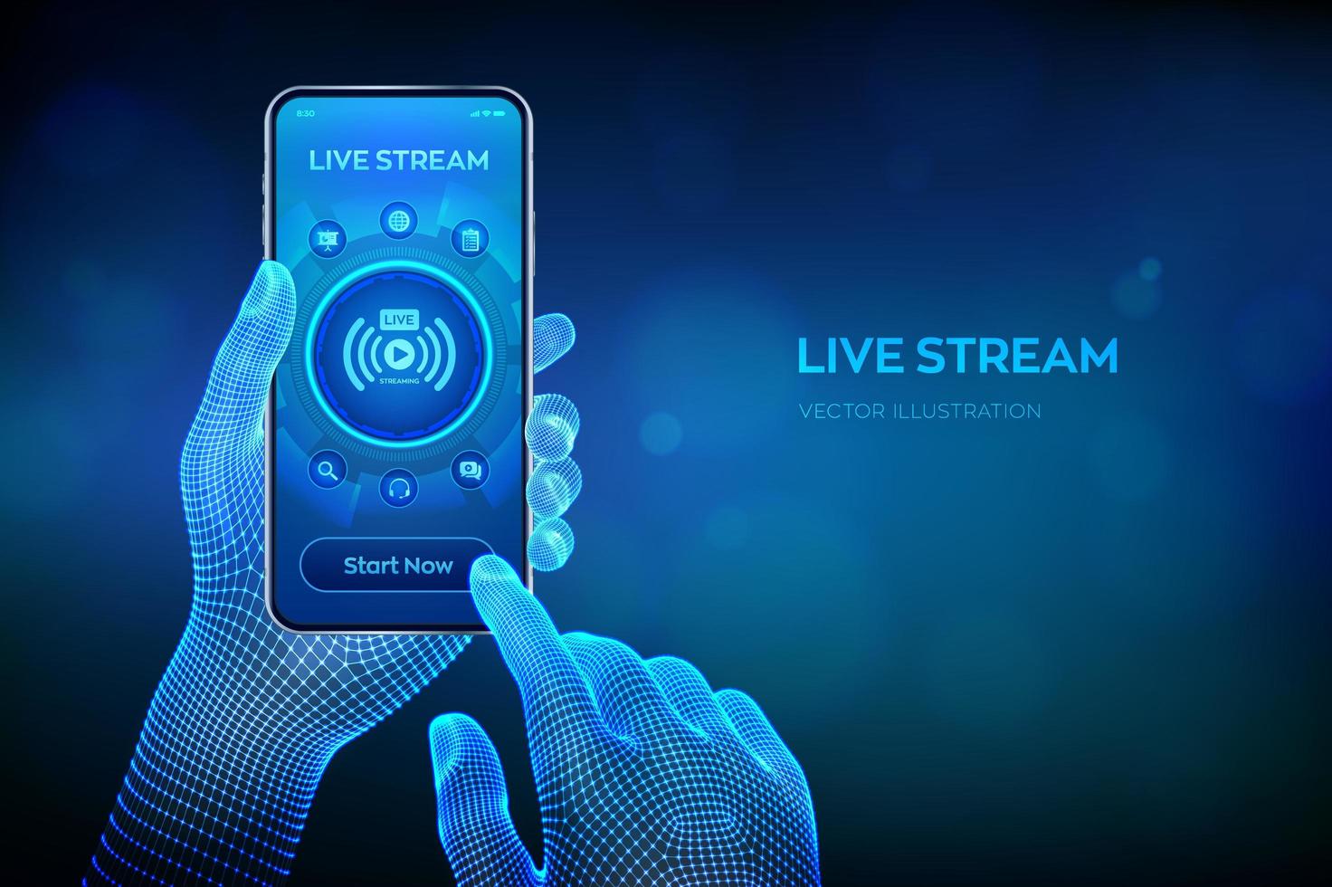 Live streaming concept on virtual screen. Webinar. Online translation. Internet conference. Web based seminar. Distance Learning or Training concept. Closeup smartphone in wireframe hands. vector