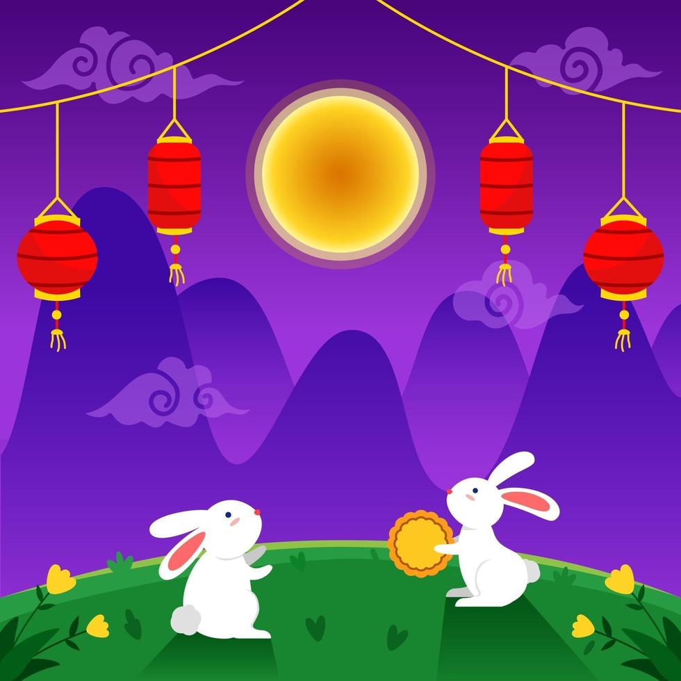 Couple Of Rabbits On Full Moon Night vector