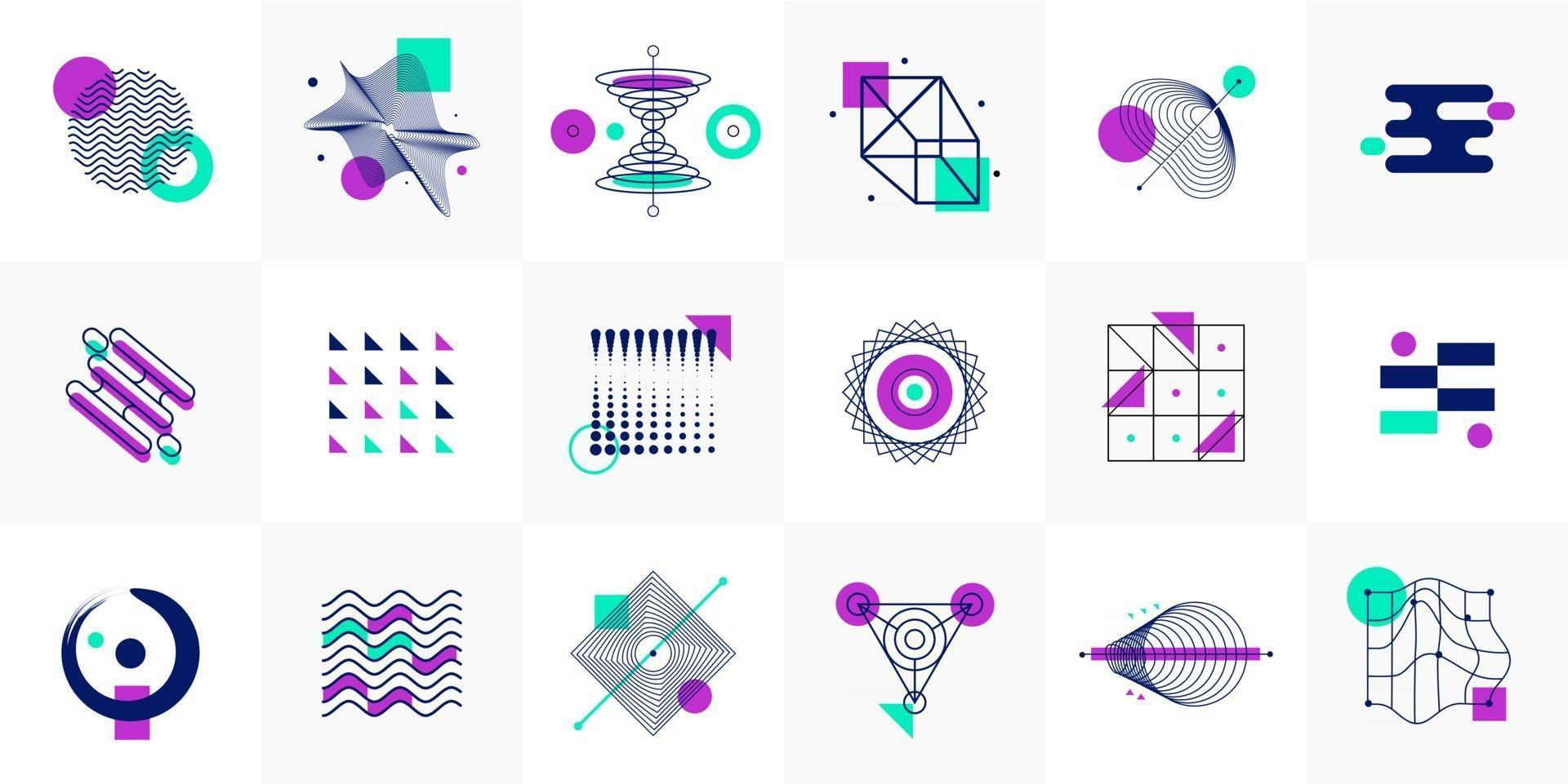 Universal trend halftone geometric vector icon shapes set with bright colorful elements composition. Design elements for Magazine, leaflet, billboard, sale