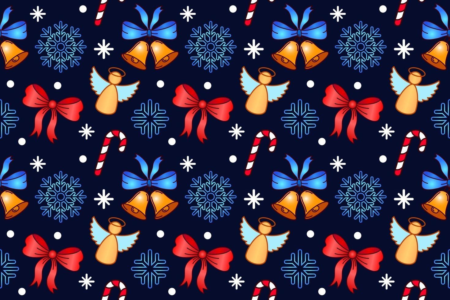 Christmas seamless pattern. Repeating vector textile pattern. Design with candy, snow flakes, angels and bells on blue background. For New year textile, cover, wrapping paper, banner design