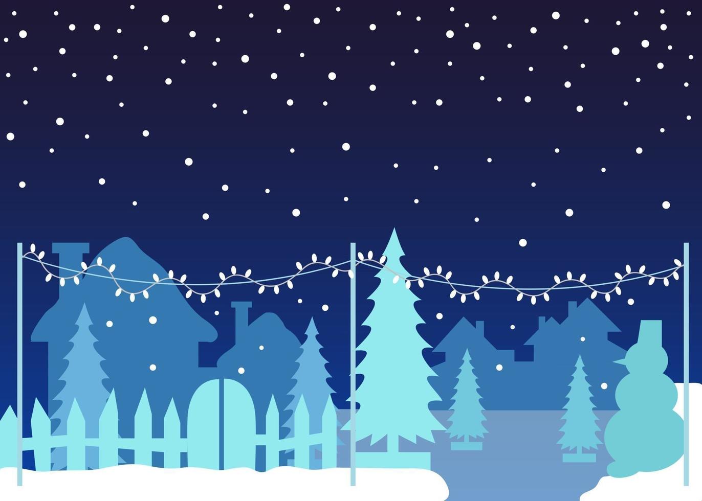 vector ilustración de nevadas. invierno al aire libre con tríos navideños, casas y luces decorativas. copie el espacio casarse con la navidad. copos de nieve cayendo sobre la ciudad