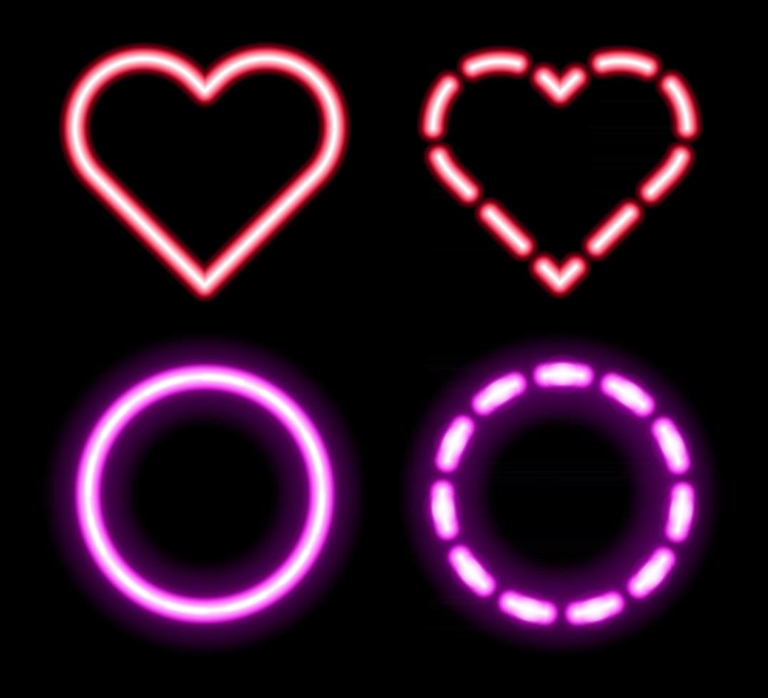 Vector neon frame set. Collection of colorful glowing shiny neon frames. Led circles, rectangles, squares, hearts isolated on black background