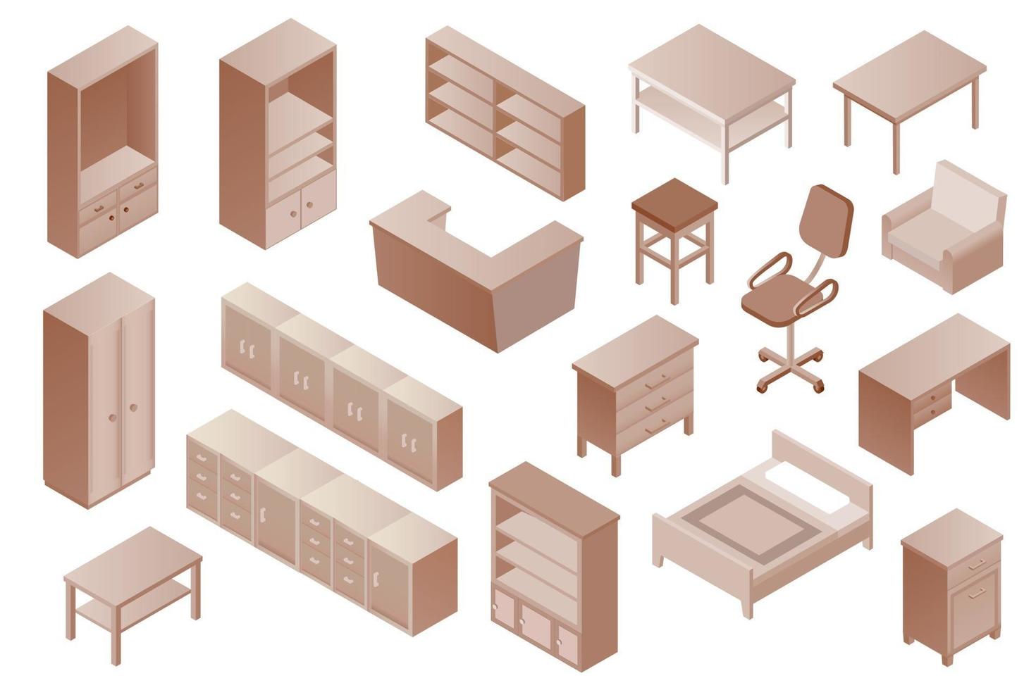 conjunto de muebles de vector isométrico. colección de muebles monocromáticos marrones, render 3d. Comedor isométrico, cocina, juego de muebles de dormitorio.