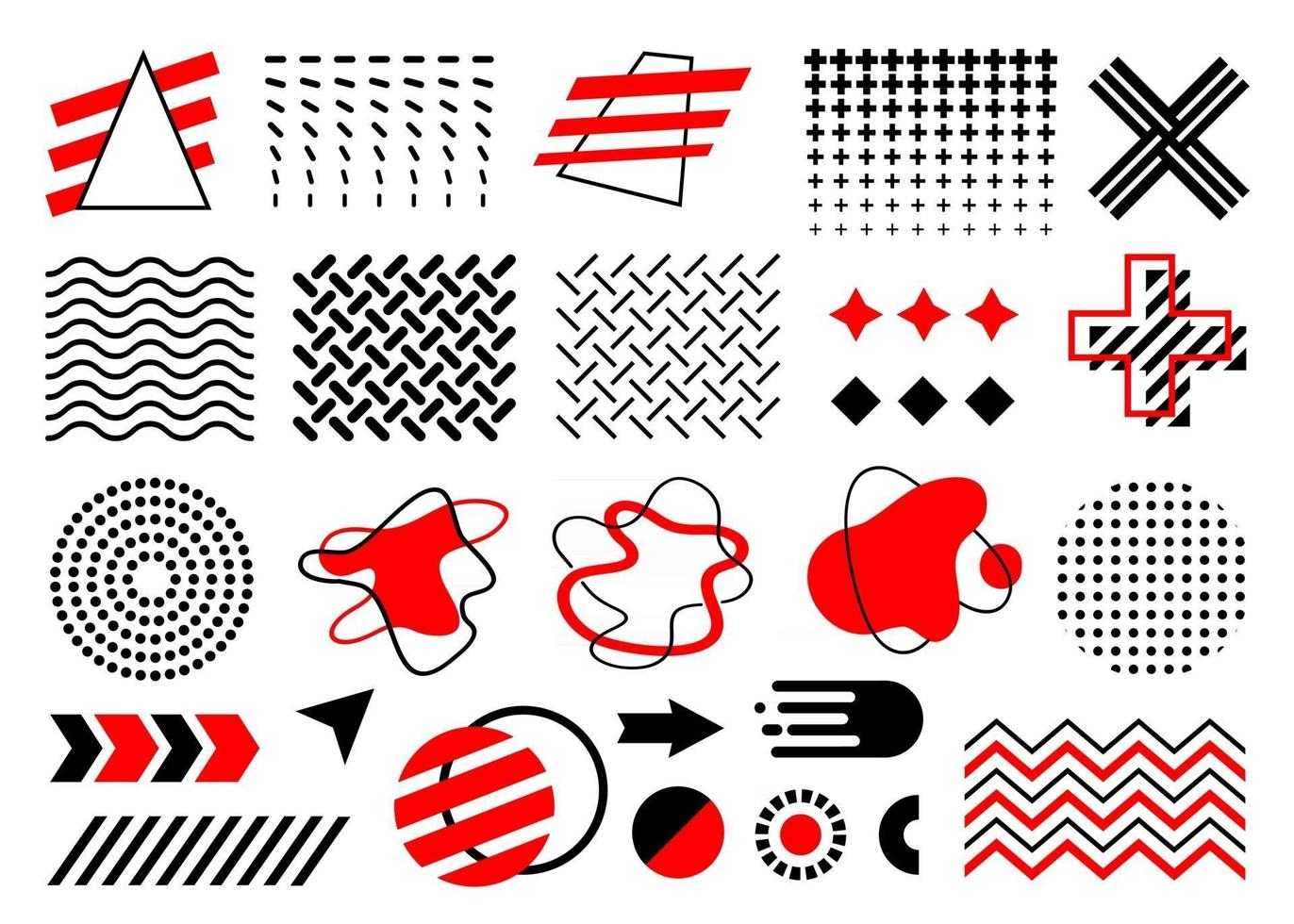 conjunto de memphis rojo y negro, colección de vectores de formas planas geométricas abstractas, círculo, flechas, ameba, gradiente de puntos, ondas, zigzags, bola de fuego, aislado sobre fondo blanco