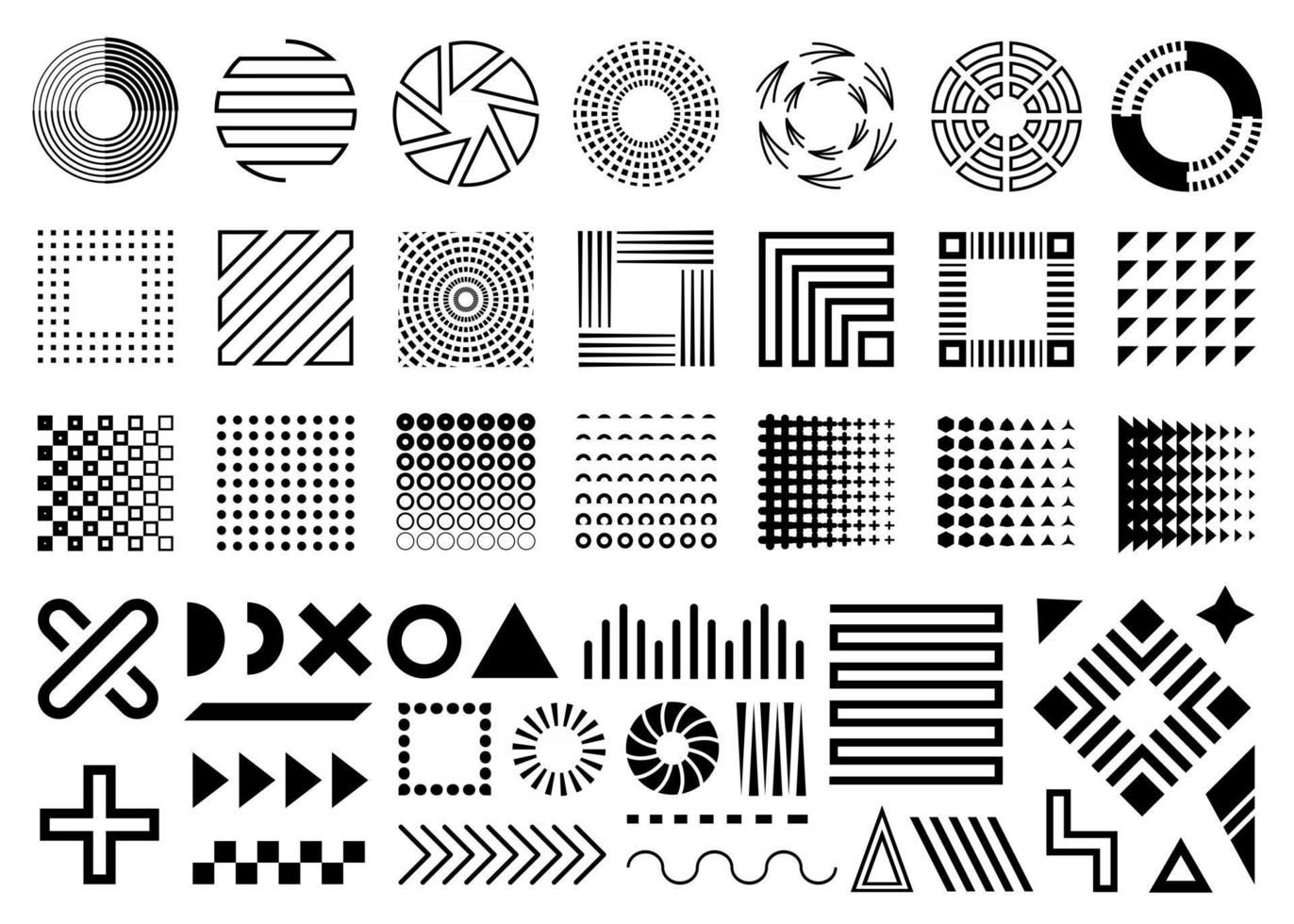 vector memphis, conjunto de formas geométricas abstractas, formas ornamentales, ondas, patrones sin fisuras, formas geométricas, elementos de diseño, en color negro aislado sobre fondo blanco.