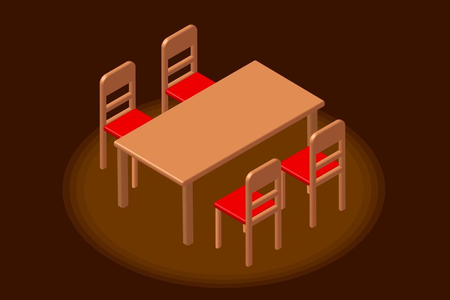 comedor isometrico. Mesa de comedor isométrica y silla roja en habitación marrón oscuro. Representación 3D. vector