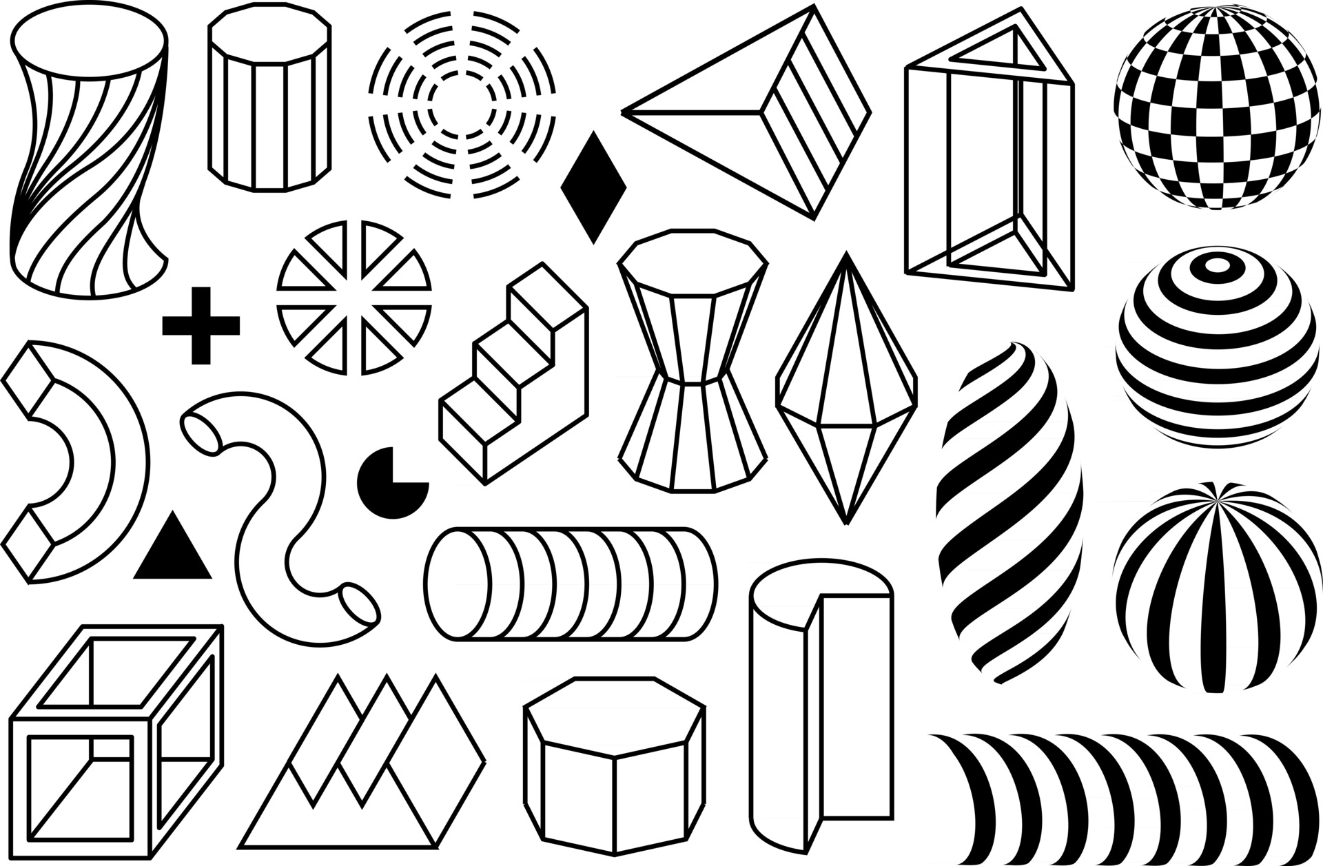 Linear geometric shapes. Collection of black flatmemphis desihn