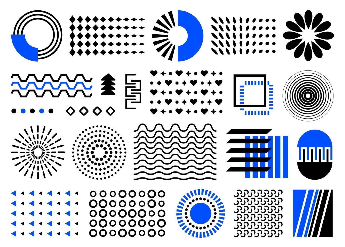 elementos de diseño vectorial, formas geométricas abstractas. conjunto de elementos de memphis negros y azules. colección de formas de diseño de revestimiento. medios círculos, ondas cuadradas, patrones de superposición de medios tonos. aislado en Pentecostés vector