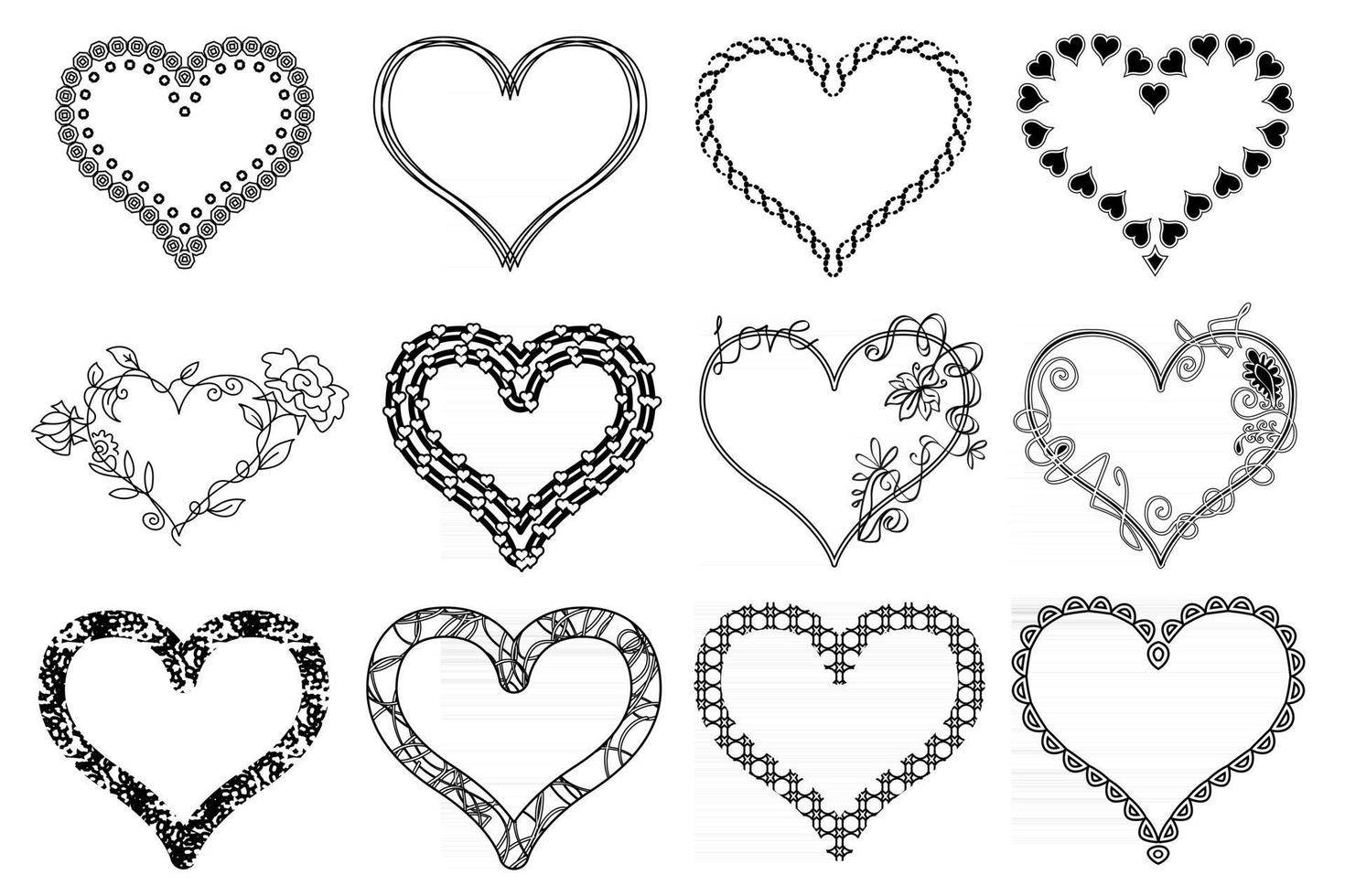 Heart frames. Collection of black outline ornate heart frames isolated on white background. Abstract shapes and patterns. vector
