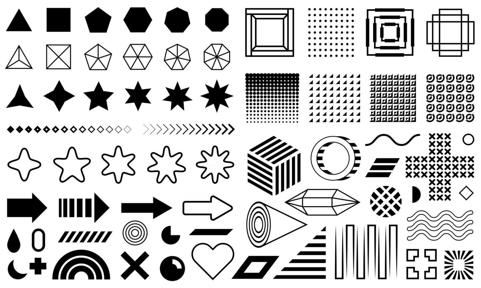 Vector set of geometric black design elements. Memphis collection. Flat shapes. Memphis patterns, dots, waves, zigzags, arrows, flowers isolated on white background.