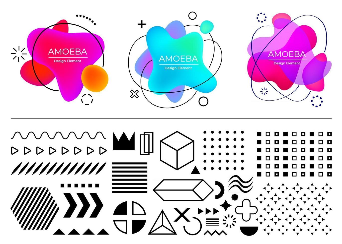 Vector shapes geometric design elements. Colorful gradient amoeba set. Collection of black flat memphis geometric elements. Waves, patterns, triangles, squares isolated on white background