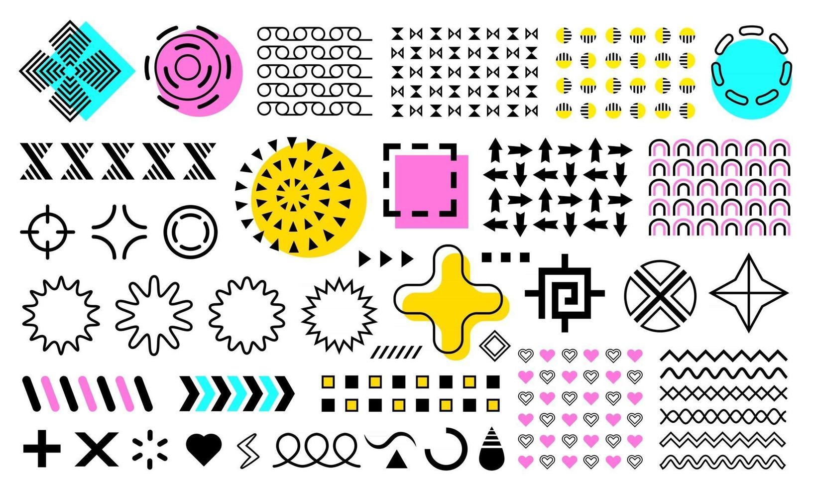 Vector memphis. Set of abstract geometric shapes, ornamental shapes, waves, seamless patterns, geometric shapes, design elements. colorful set in blue, yellow, purple isolated on white background