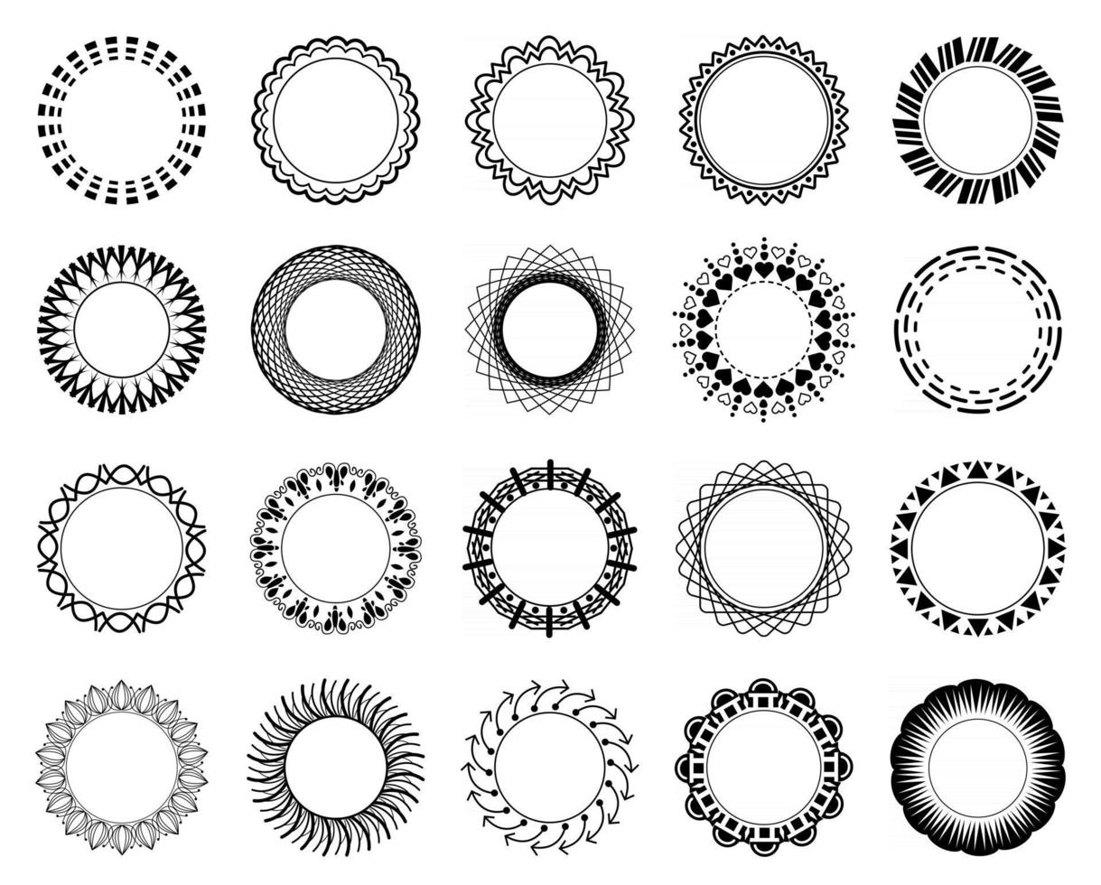 Vector circle frame set. Collection of black flat rounded frames, with contour lines and shapes. Isolated on white background