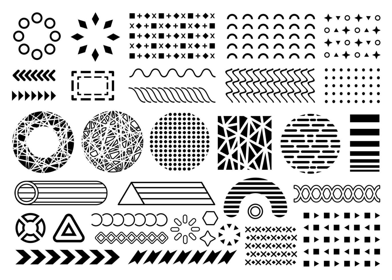 Vector shapes memphis design elements. Collection of black flat memphis elements. Overlay shape collection. Texture circles, arrows patterns isolated on white background