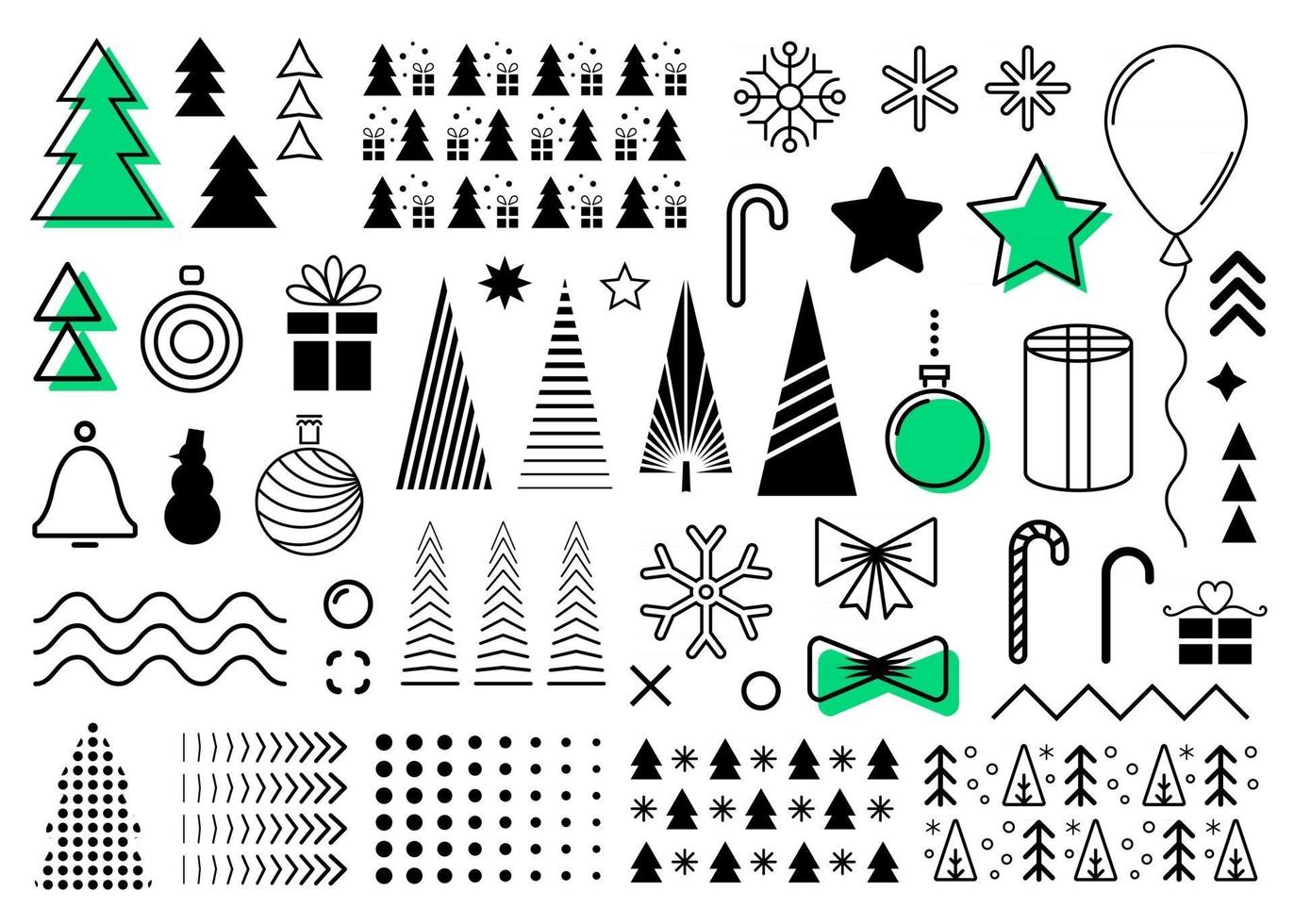 Vector Christmas design elements set. Collection of Christmas memphis black abstract flat shapes. Decorative layout collection for your New year design as flyers, banners, brochures, covers, postcards