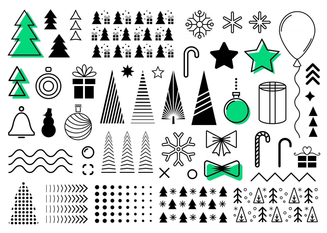 vector conjunto de elementos de diseño de Navidad. colección de formas planas abstractas negras de Memphis de Navidad. colección de diseño decorativo para su diseño de año nuevo como volantes, pancartas, folletos, portadas, postales