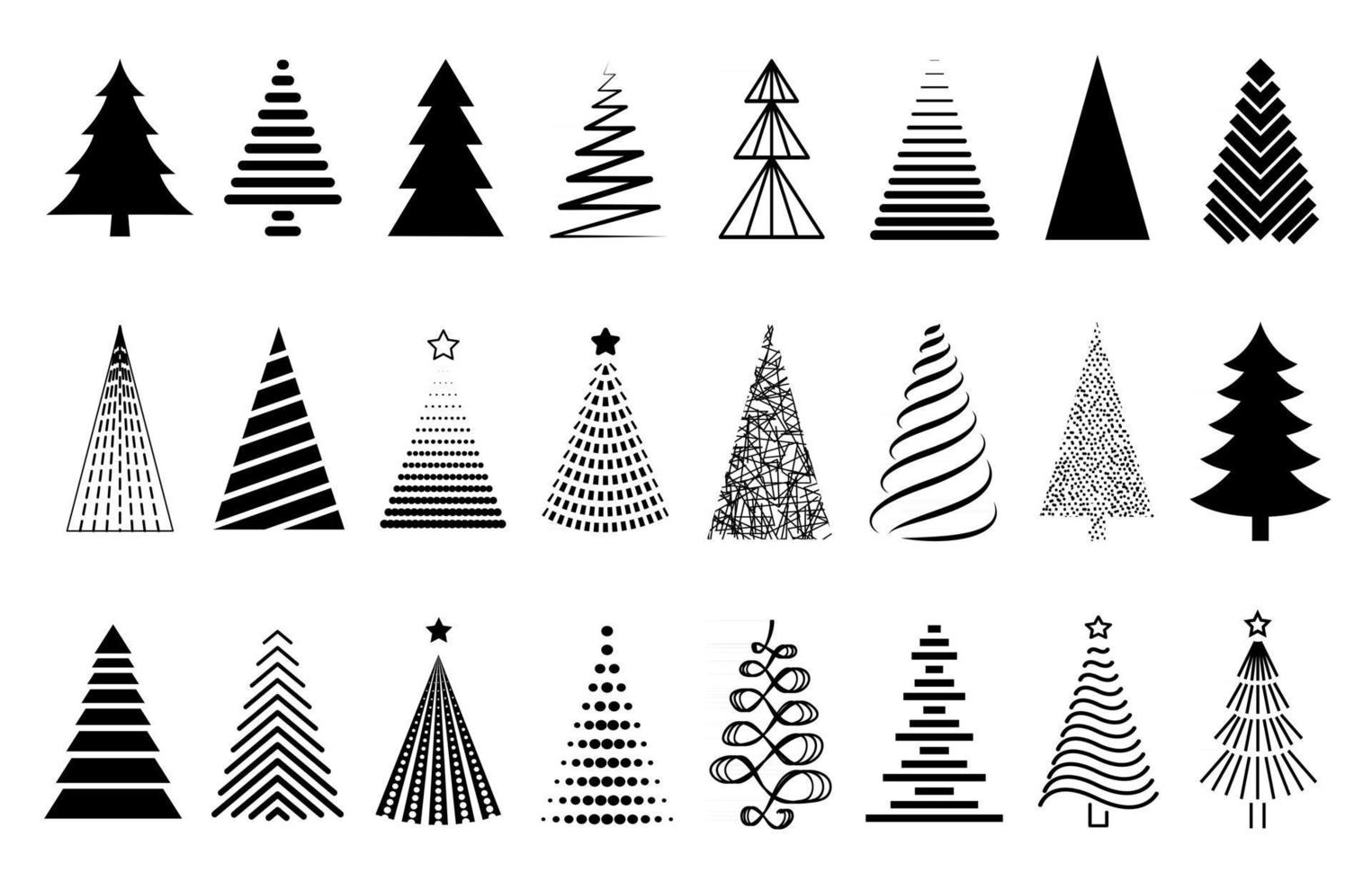 Vector black Christmas tree set. Collection of decorative stylized Christmas tree isolated on white background. Abstract decorations, design elements.
