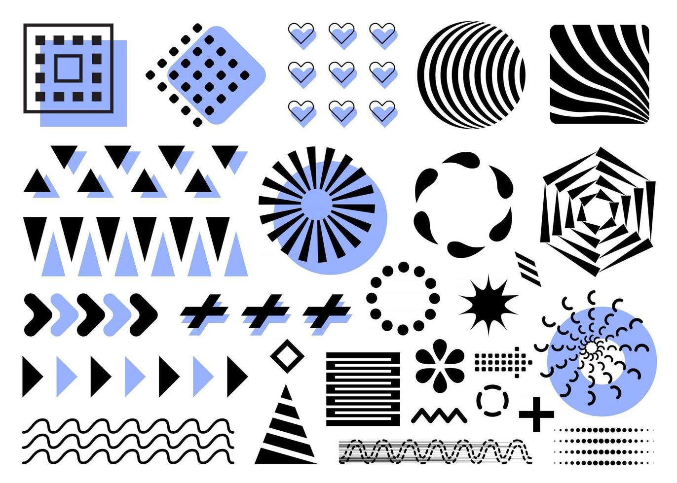 vector design elements, memphis geometric shapes. Lines, zigzag, circles, hearts in black and blue. Isolated on white background