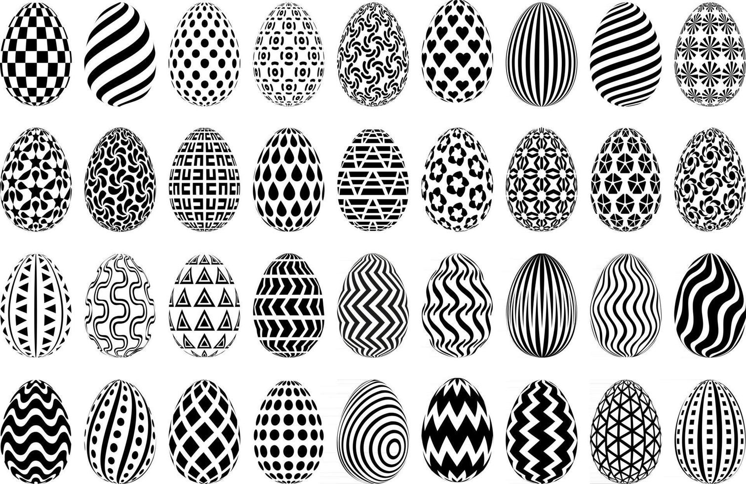 Conjunto de ilustraciones de huevos de Pascua en blanco y negro. colección de huevos de pascua estilizados. Huevos decorativos con dibujos monocromáticos aislados sobre fondo blanco. vector