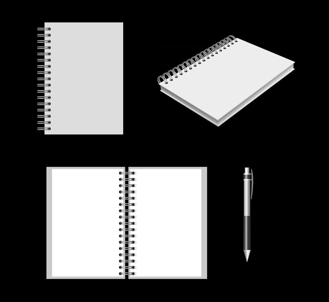 maqueta de cuaderno de vectores, cuaderno blanco con bolígrafo aislado sobre fondo negro, cerrado y abierto, representación 3d vector