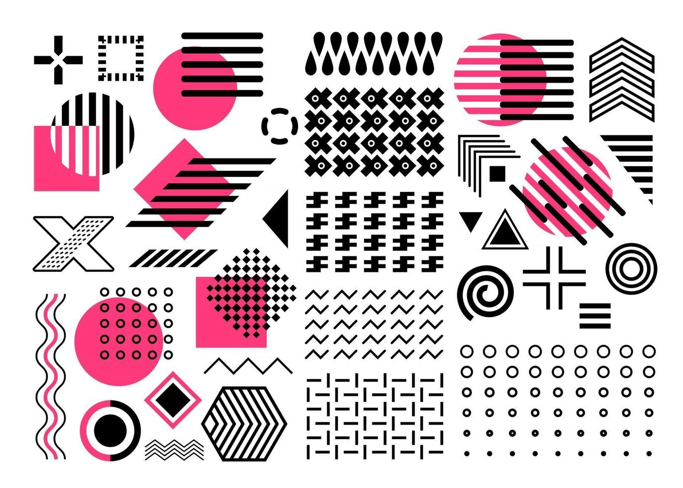 conjunto de vectores de Memphis, colección de formas geométricas rosa, púrpura, negro, formas abstractas, círculos, zigzags, líneas, ondas, aisladas sobre fondo blanco, elementos de diseño, patrones sin fisuras