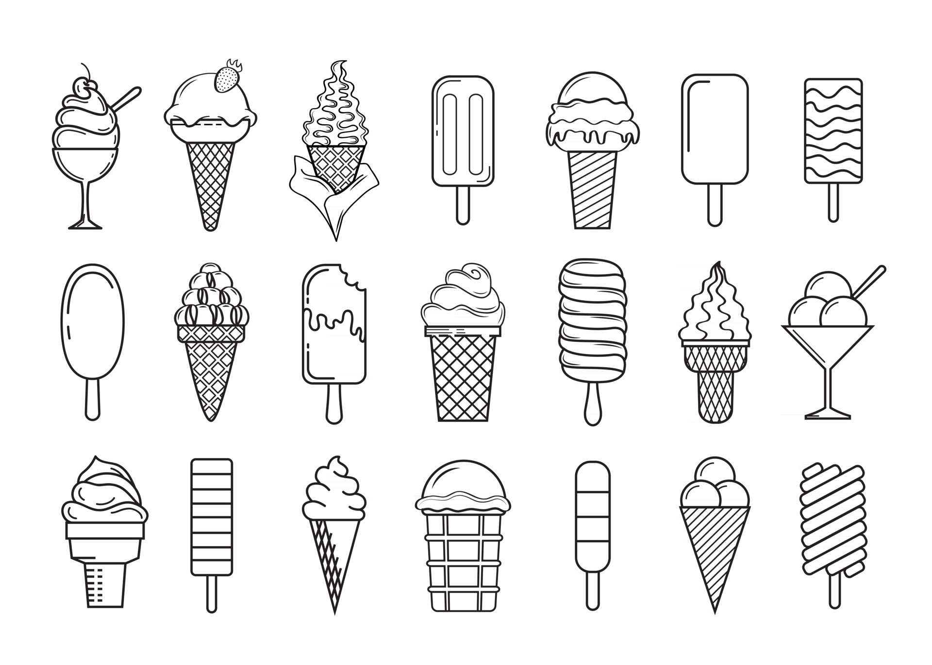 Vector ice cream illustration set, collection of black thin outline ice
