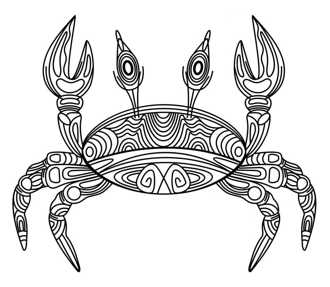 Crab vector illustration, stylized, black outline trim, ornate, decorative crab line art with black thin line, isolated on white background