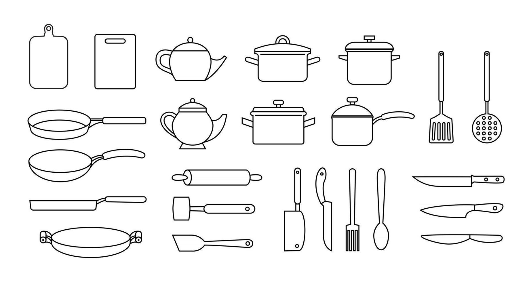 Kitchen utensils, vector black outline set, collection of kitchen utensils, knifes, teapots, cutting boards isolated on white background