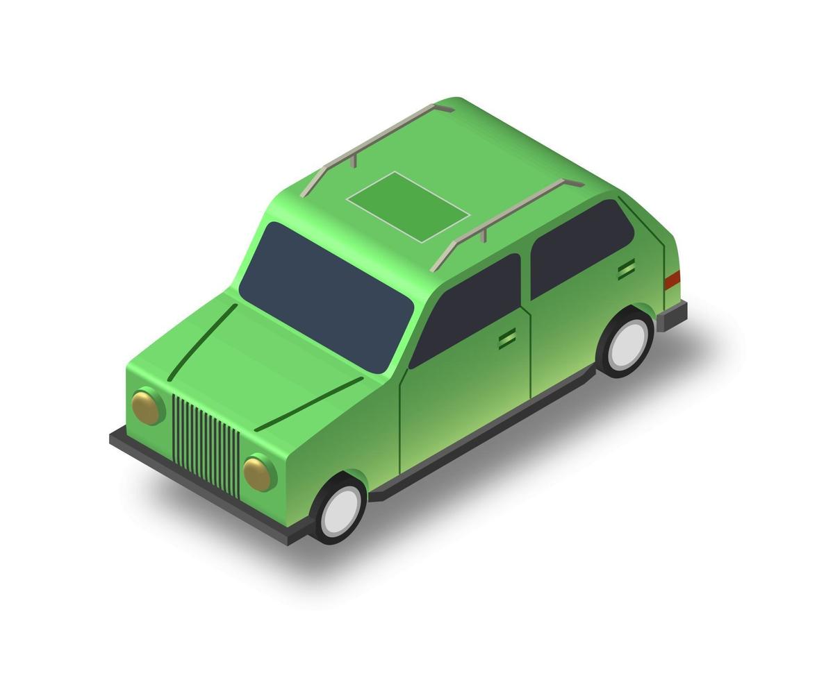 Vector green car isometric illustration, 3D rendering, isolated green cartoon machine