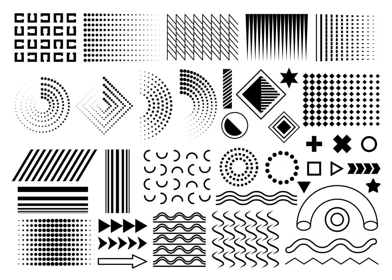 black set of memphis design elements, vector memphis geometric simple isolated graphic elements collection for your design projects. isolated circles, waves, dots, gradients on white background.