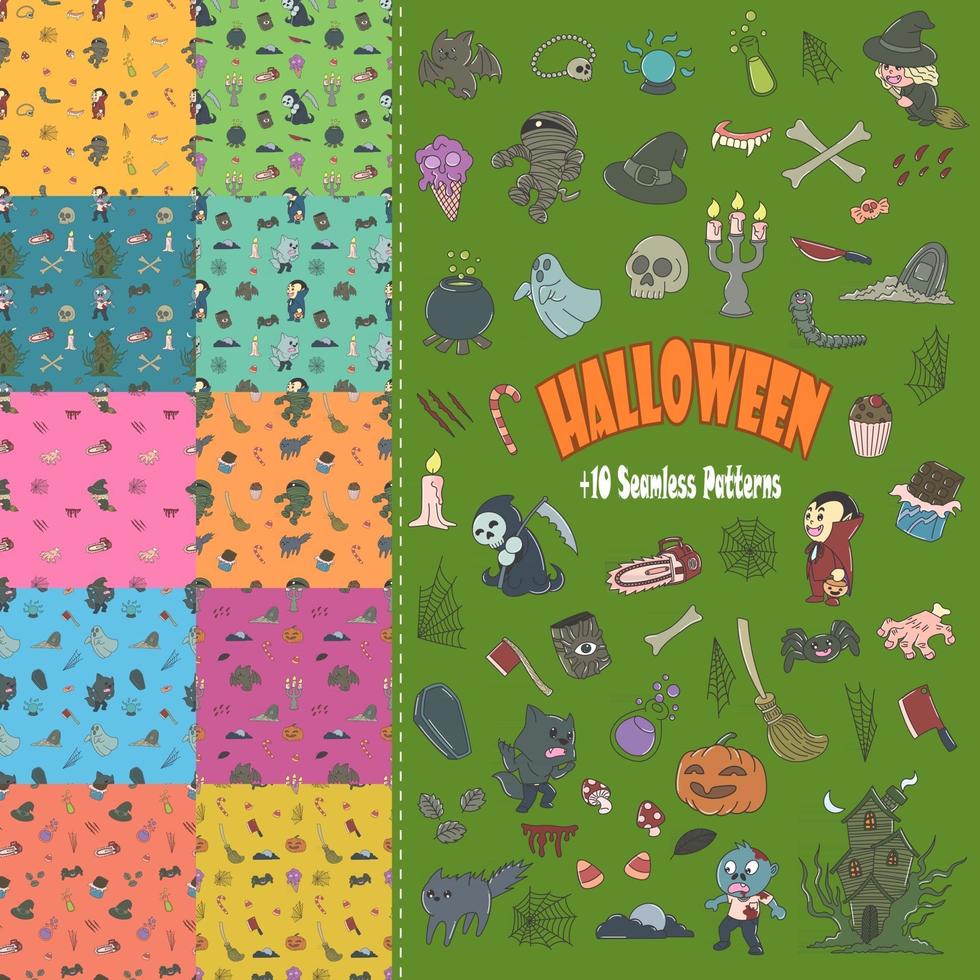 Set of cute Halloween elements with seamless patterns, cartoon, stickers, print, art vector