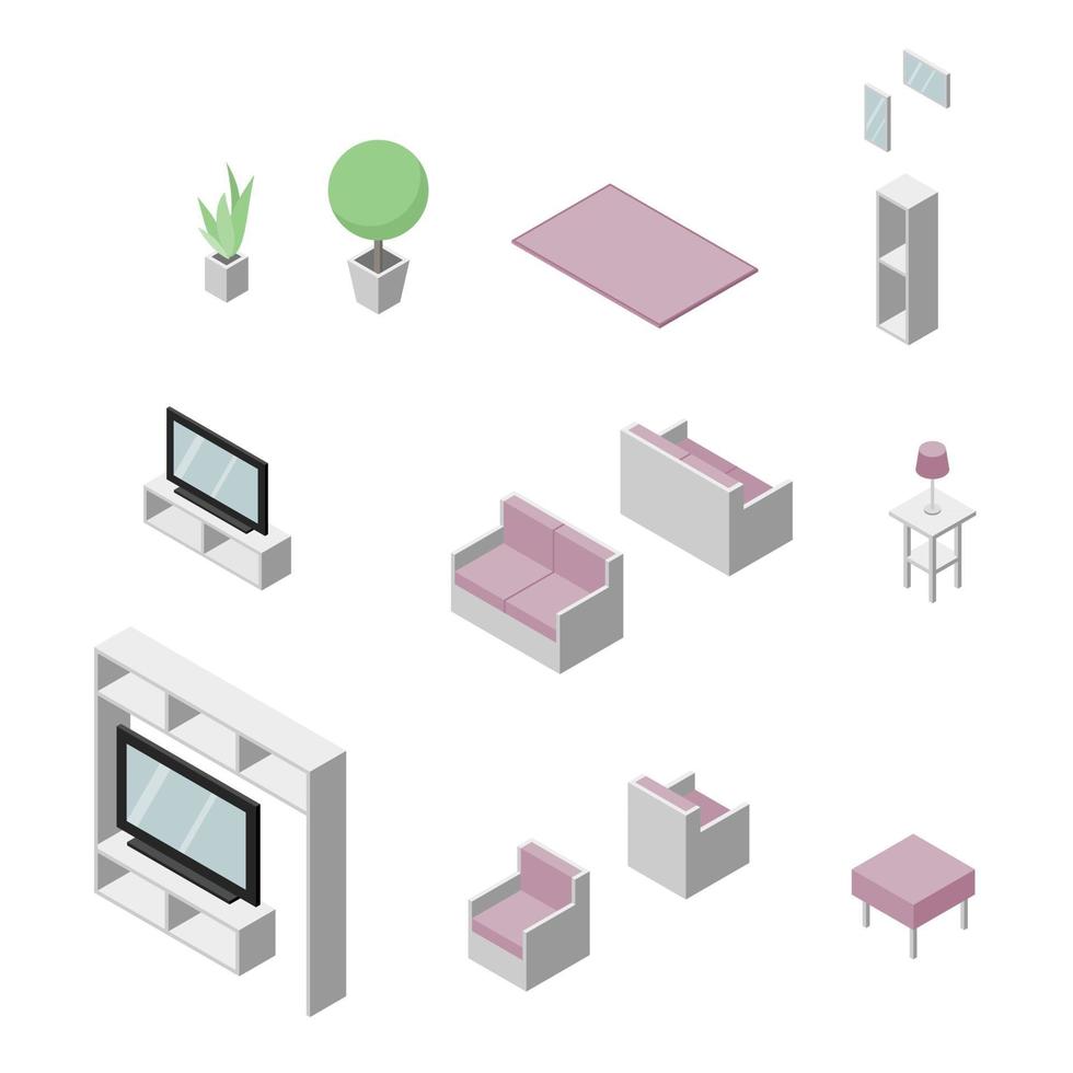 Set of Living room furniture. Chair, Sofa, table, television and plant. Isometric Drawing Vector. vector