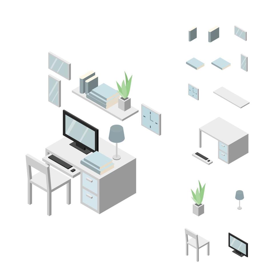 juego de muebles de mesa de trabajo. silla, mesa, computadora, teclado, marco, libros, estantería y planta. vector de dibujo isométrico.