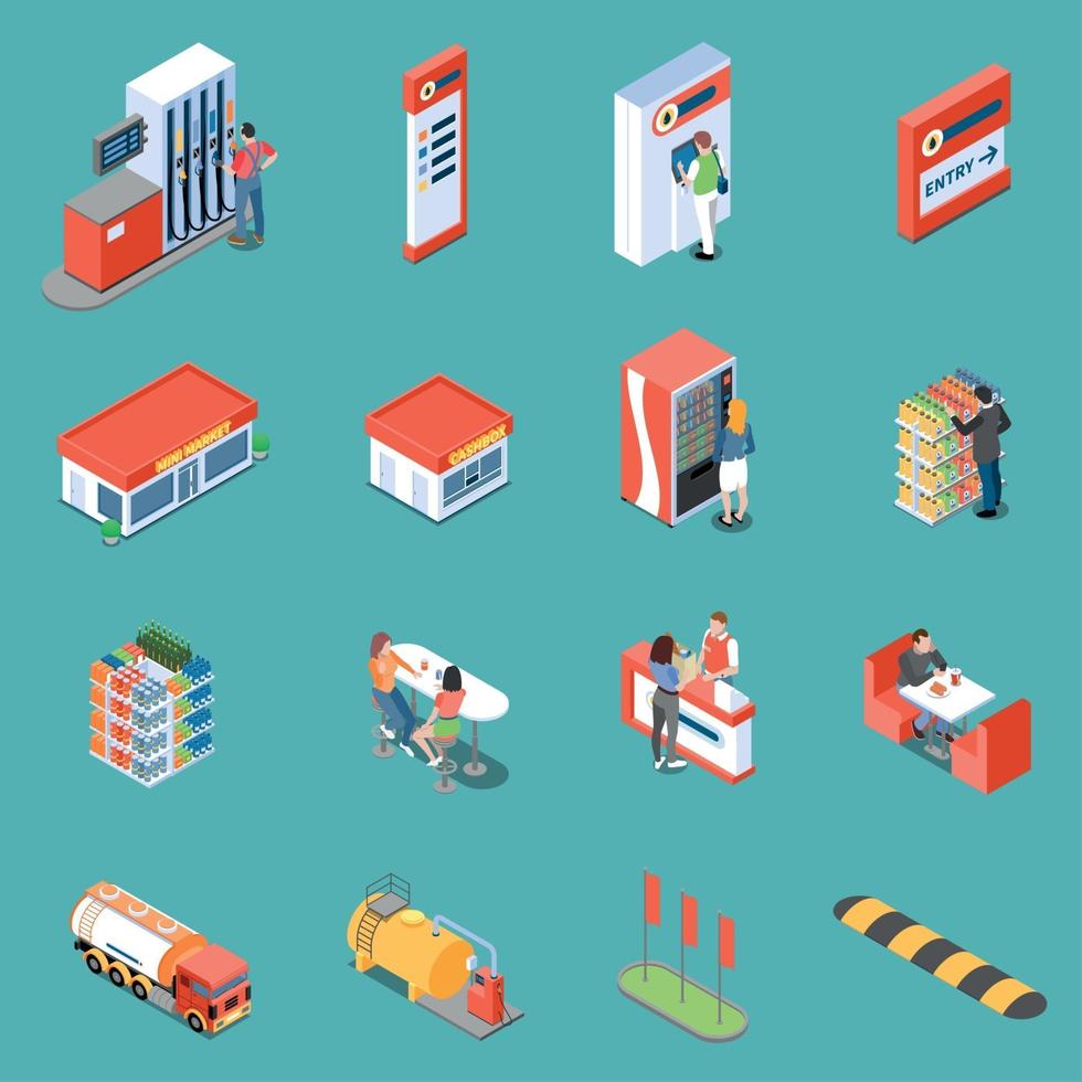 Gas Station Isometric Icons Vector Illustration