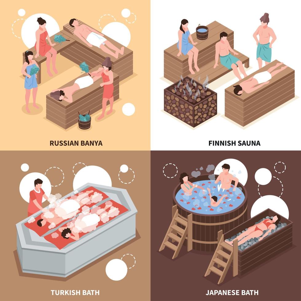 Bath Houses Isometric Design Concept Vector Illustration