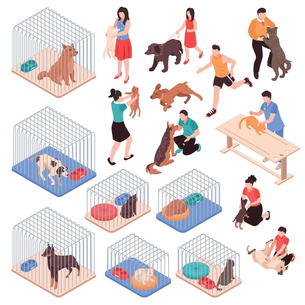 Animal Shelter Isometric Set Vector Illustration