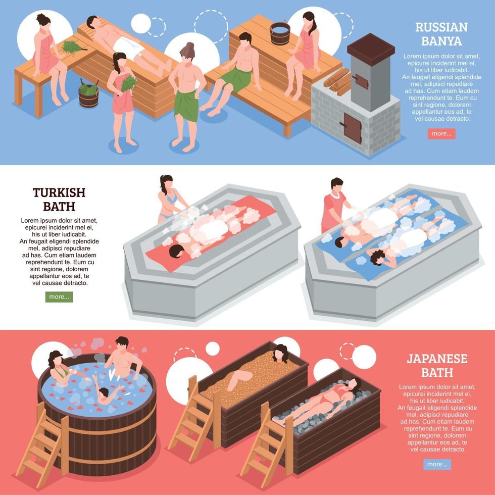 Bath Houses Isometric Banners Vector Illustration