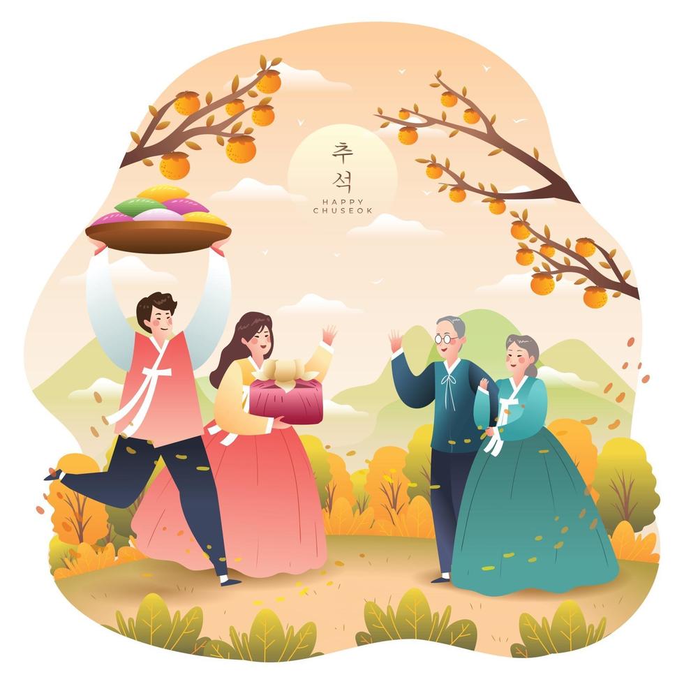 Happy Chuseok with Visiting Family Concept vector