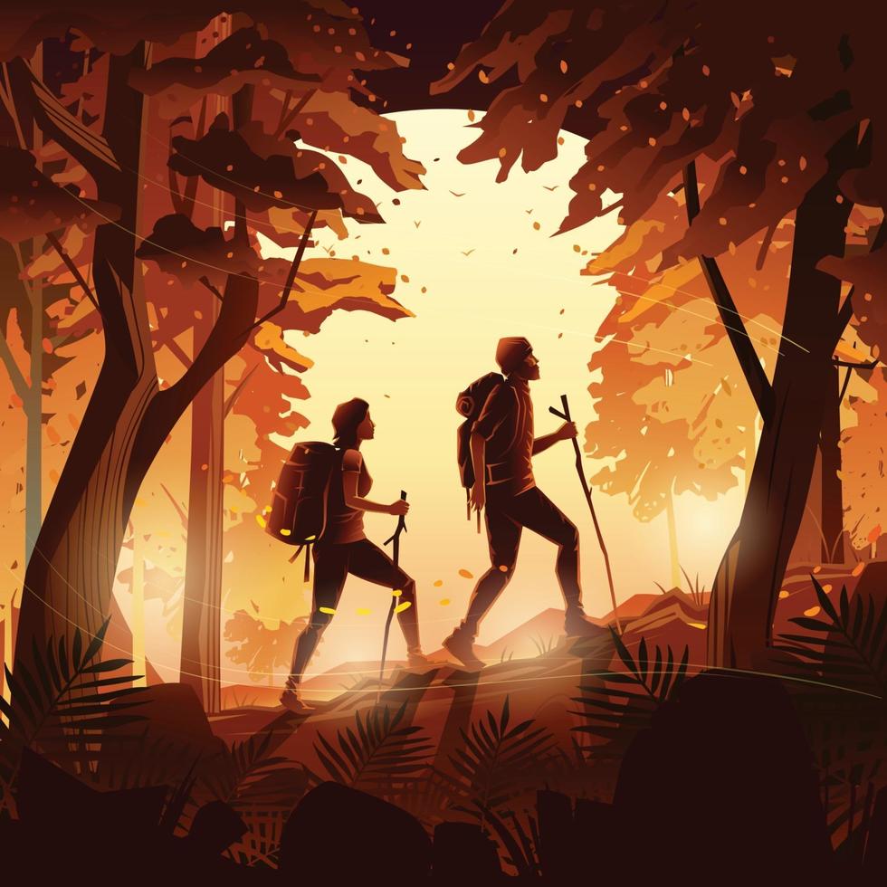 Autumn Hiking in The Sunset Forest Concept vector