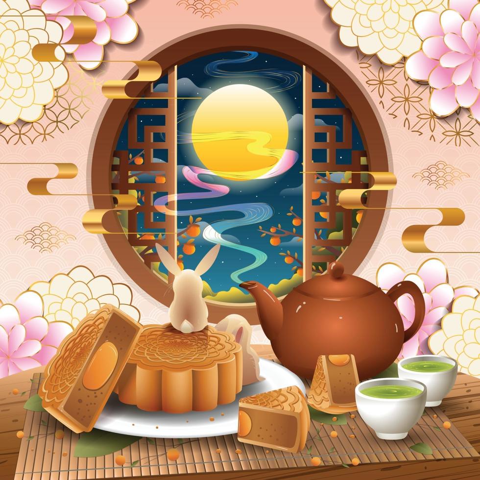 Mid Autumn Festival with Bunnies and Mooncake Concept vector