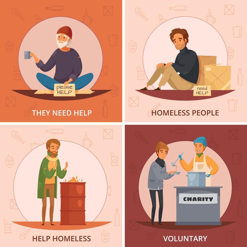 Cartoon Homeless People Icon Set Vector Illustration